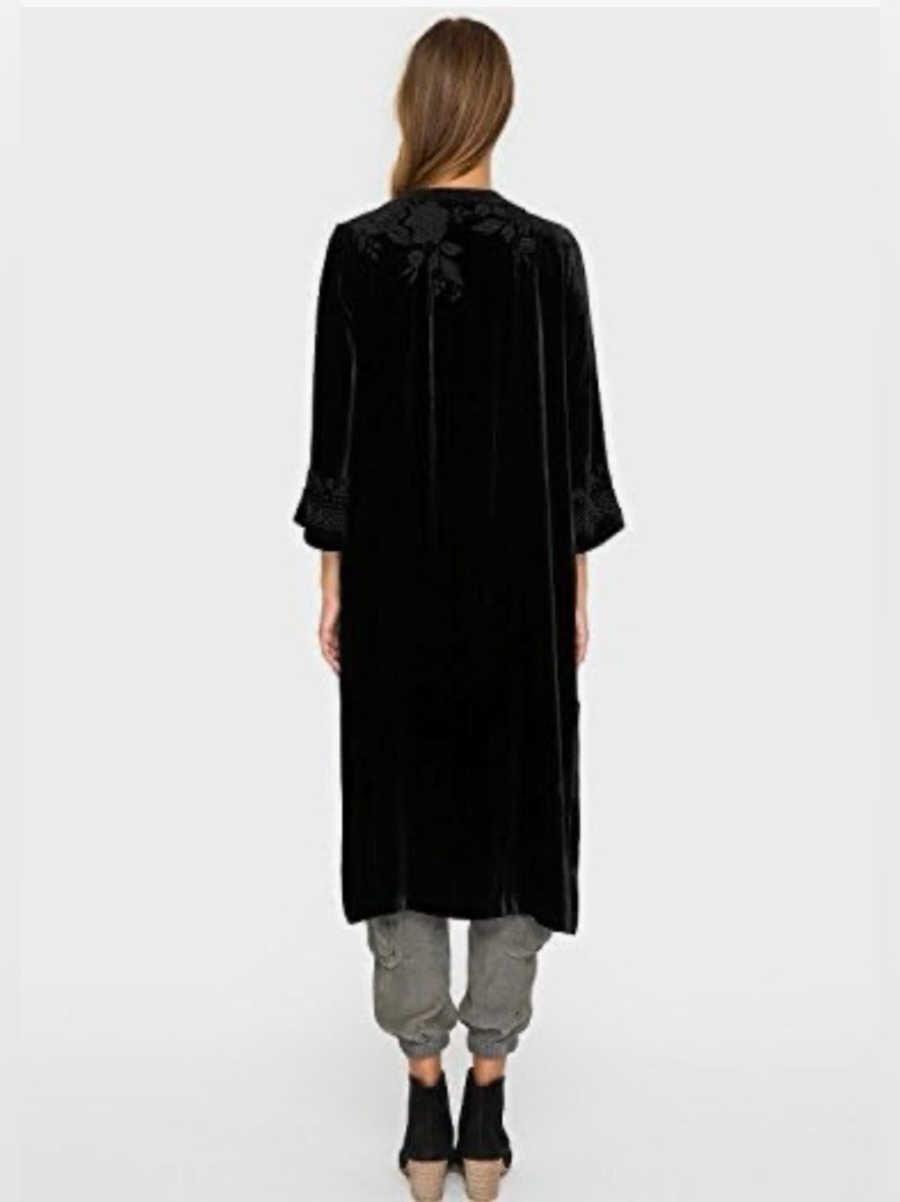 Johnny Was Black Velvet Floral Embroidered Bell Sleeve Kimono Duster Cardigan - Picture 8 of 15